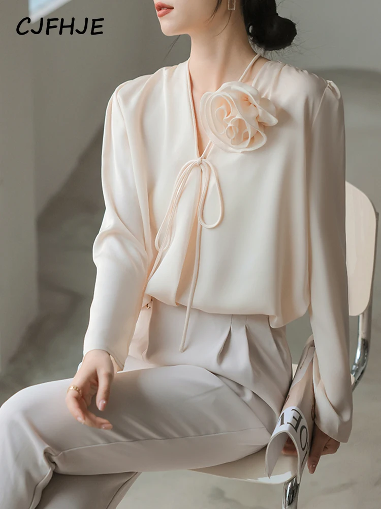 

CJFHJE Рубашка женская с V-образным вырезом элегантная Свободная блузка в горошек в французском стиле с длинным рукавом и скрытыми пуговицами в офисном стиле