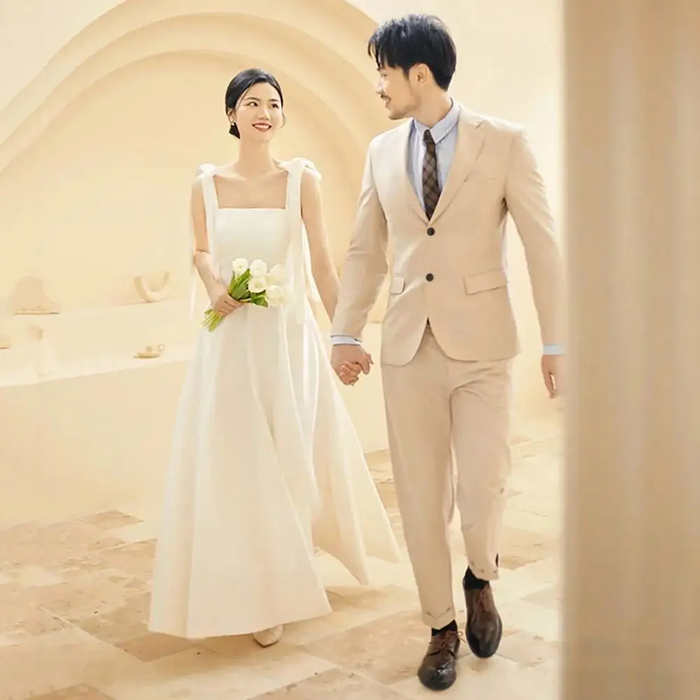 

Satin Wedding Gown Elegant Satin Lace-up Wedding Dress with Shoulder Strap Bow Square Neck A-line Silhouette Design for Filming