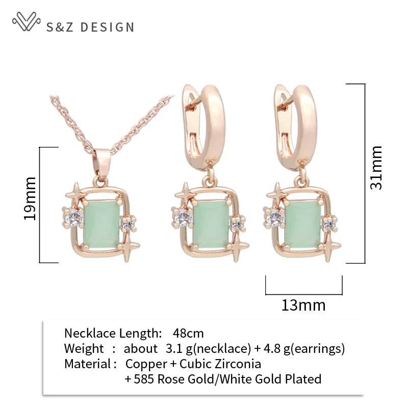 S&Z DESIGN New Fashion Rectangle Crystal Jewelry Sets 585 Rose Gold Color Drop Earrings For Women Trendy Pendant Necklace Gift