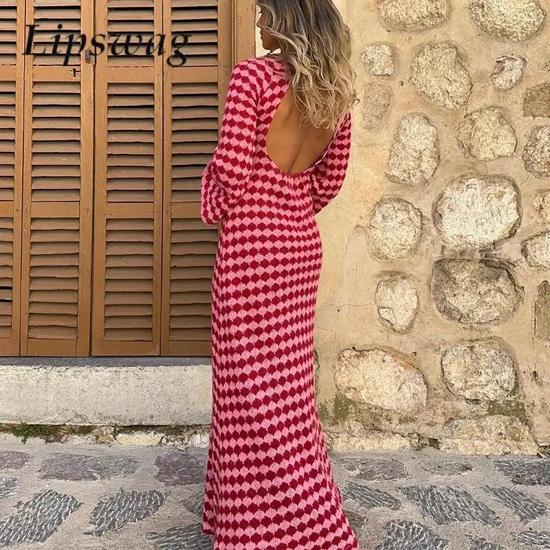 

Sexy Hollow Out Backless Flare Sleeve Long Dress New Casual Fashion O-Neck Knit Beach Dress Women Geometry Striped Knitted Dress