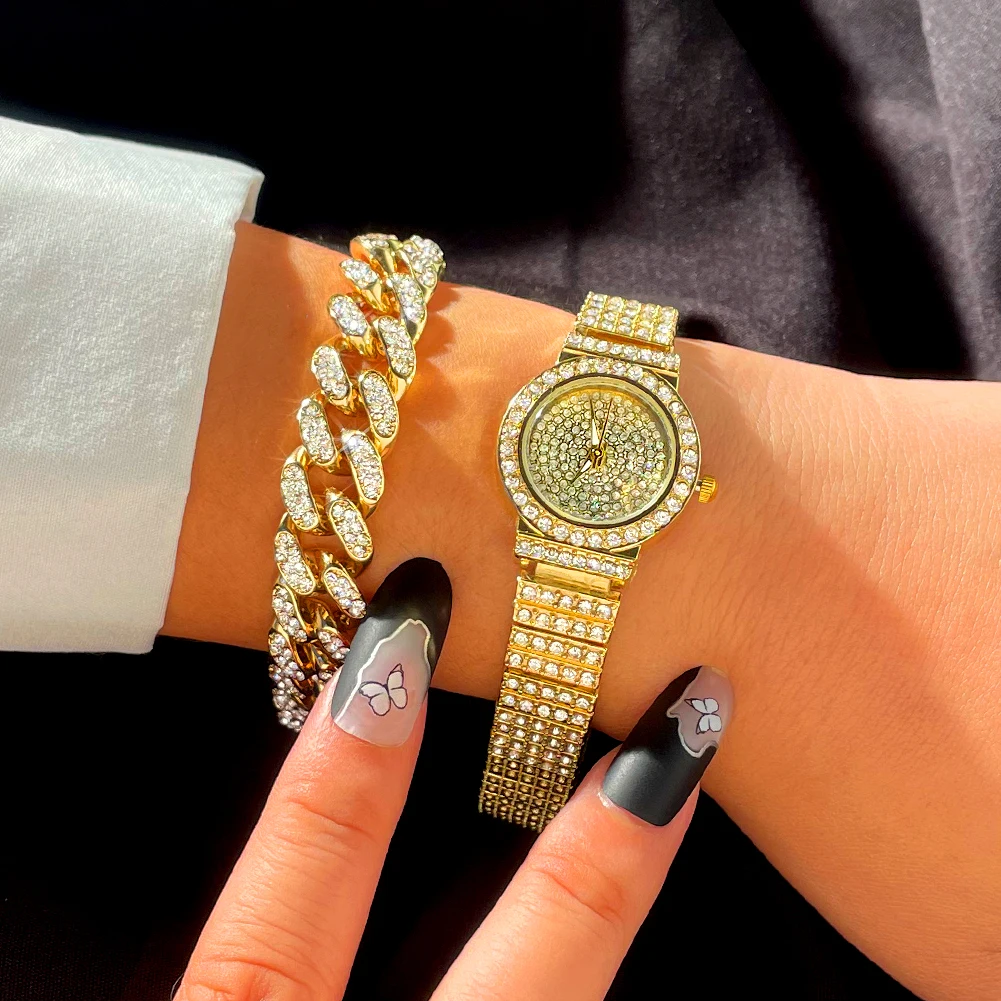 Iced Out Rose Gold Silver Color Watch Women's Luxury Rhinestone Cuban Chain Bracelet Watches Fashion Wrist Watch Hip Hop Jewelry