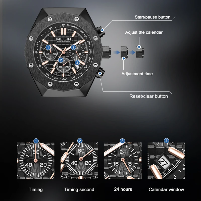 Montre-bracelet à quartz chronographe de luxe pour homme, marque MEGIR, boîtier polygonal, mode décontractée, affaires, cadeau masculin, avec date automatique_voghion.com