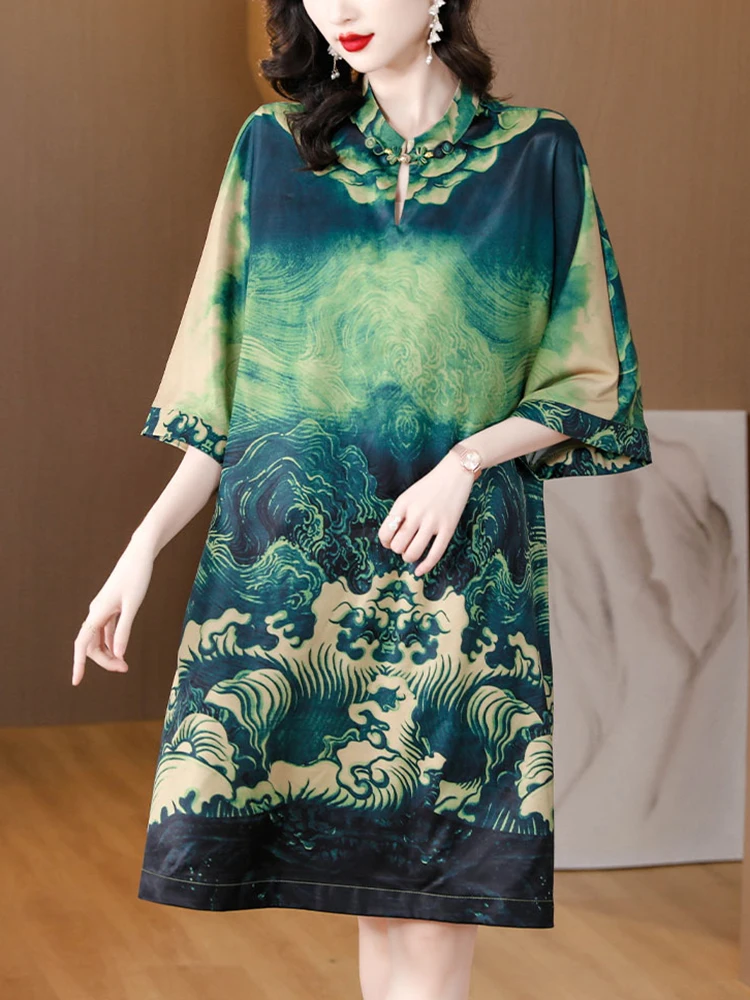 

Green Print Dresses for Elegant 40 Year Ladies Summer Fashion Casual Loose Waist Dress 2024 Korean Vintage Luxury Party Vestidos