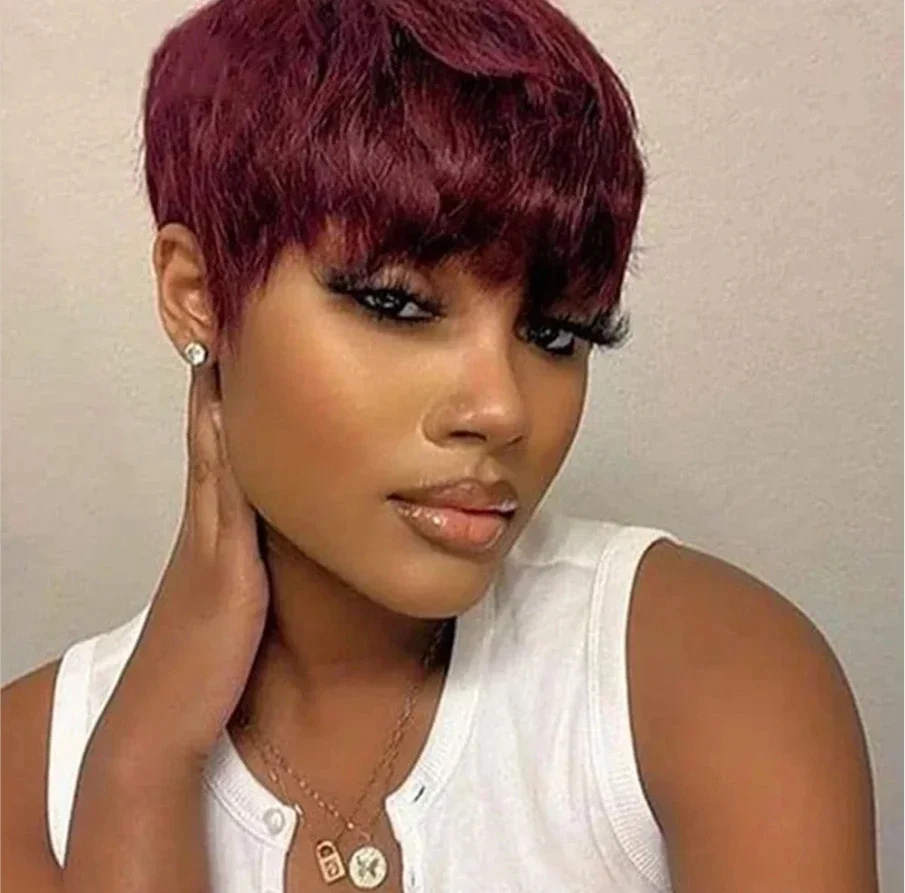 Human Hair Wigs Lolely Dream 99J Red Colored Pixie Cut Straigt Peluca Humana Baratas Full Machine