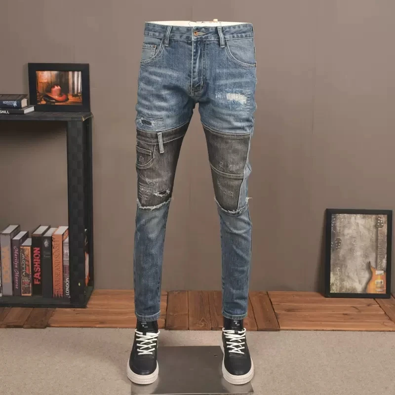 mens stretch ripped jeans streetwear casual slim fit jeans for men jogging jean skinny grey blue black hip hop denim trousers Fashion Streetwear Men Jeans Retro Blue Stretch Slim Fit Vintage Ripped Jeans Men Trousers Patched Designer Hip Hop Pants Hombre