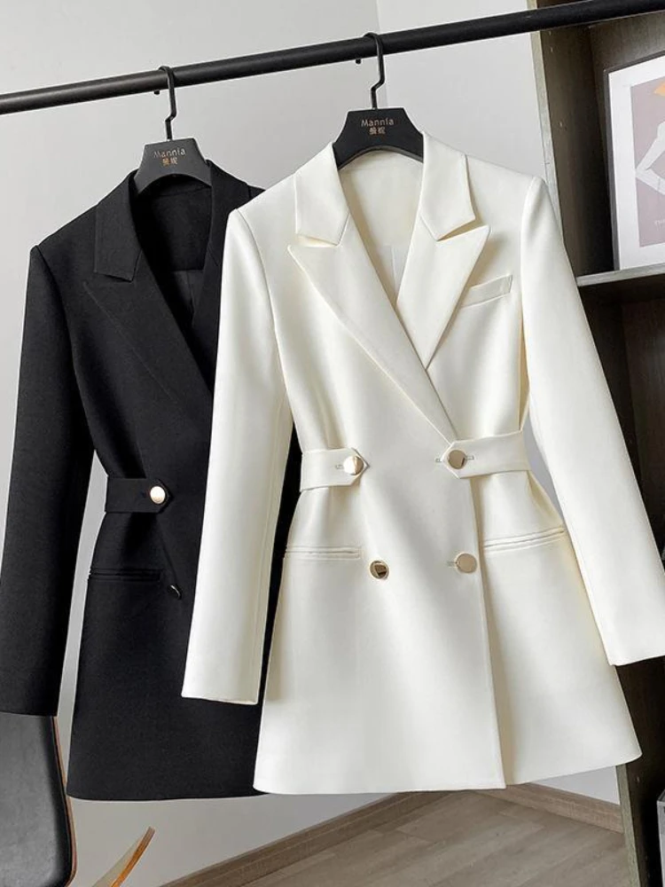 White Women‘s Suit Jacket Spring Fashion Chic Double Breasted Slim Suits with Belt Vintage