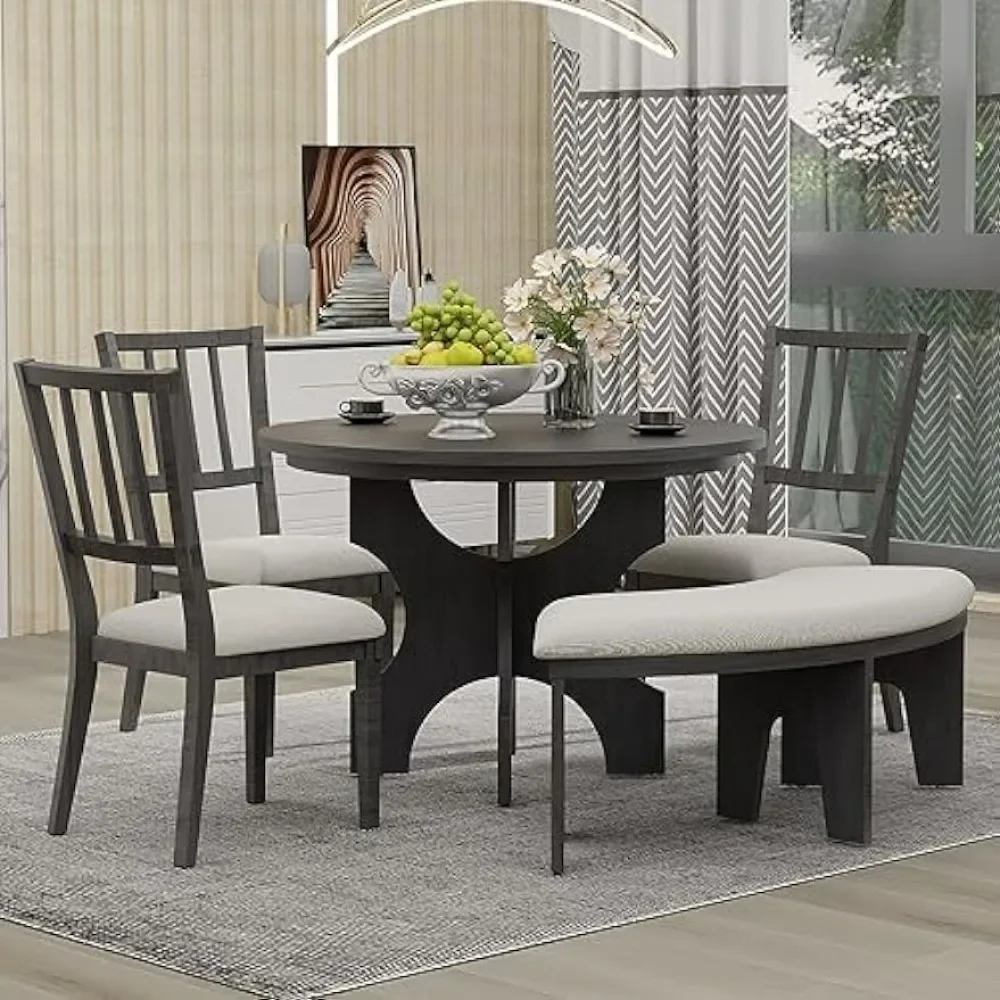 Round Curved Bench & Side 4-5 People,5 Piece, 44" Special-Shaped Legs, 5pc Kitchen Chairs and Table Set for Dining Room (Grey)
