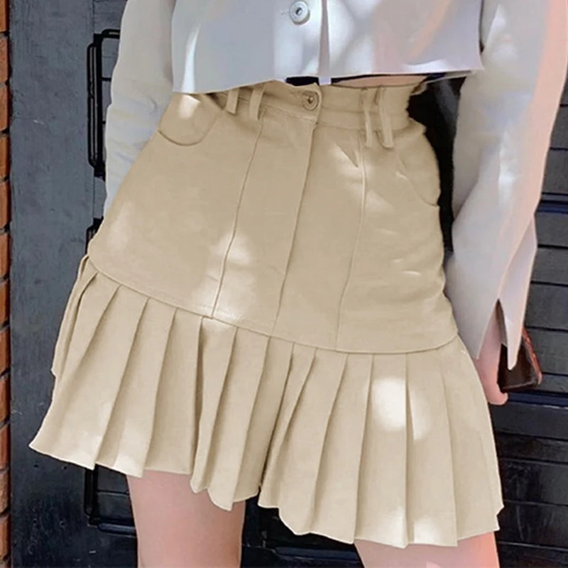 

2021 New Korean Fashion Y2k Skirt Khaki Pleated Short Skirts Womens Harajuku Casual Preppy Style High Waisted Mini Skirt Ladies