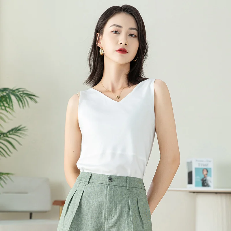 

Acetate white suspender vest women's new summer sexy underwear bottomless sleeveless V-neck tanks outerwear top 62154
