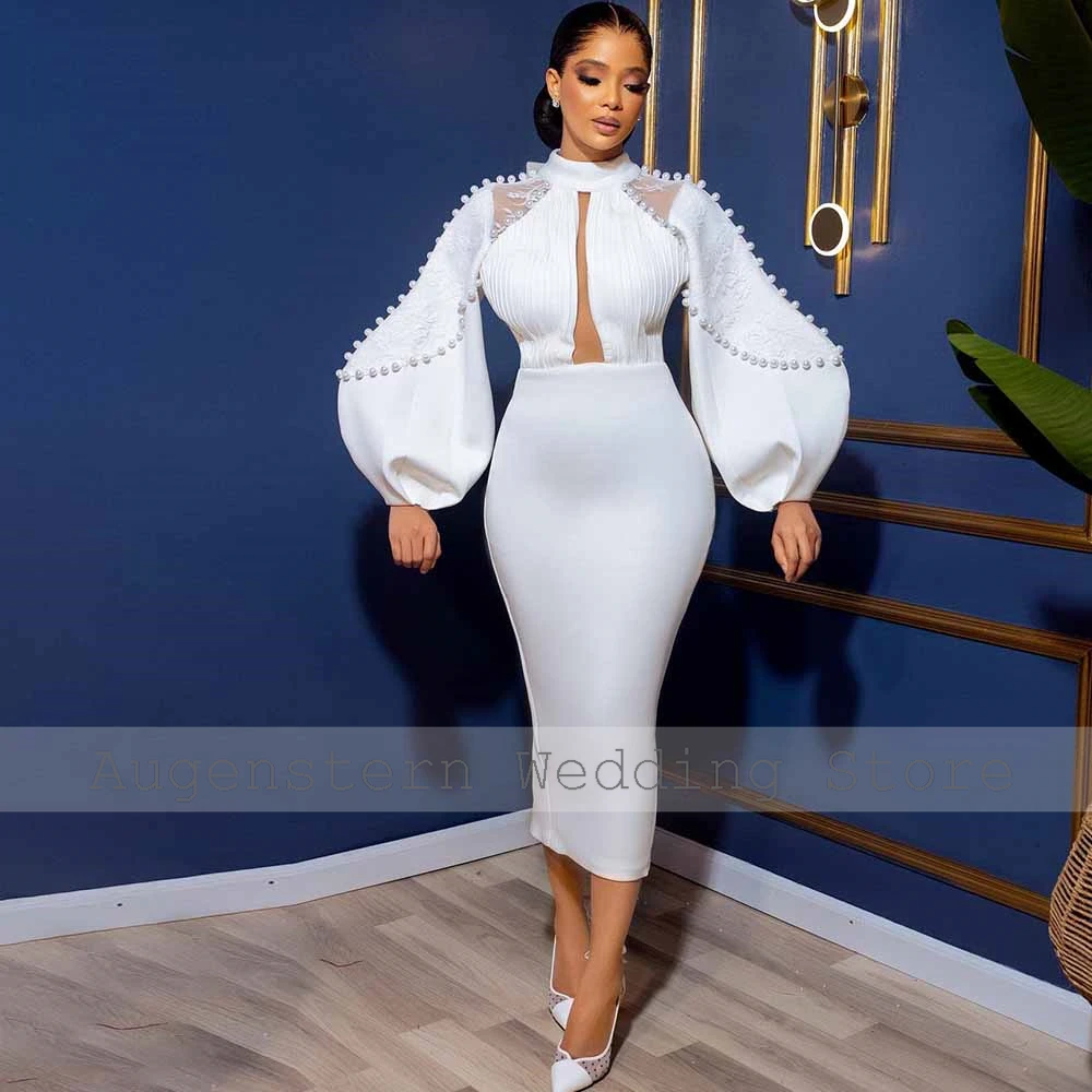 Customized Saudi Arabia Midi Wedding Dresses Jersey Sheath Wedding Party Dress White High Collar Pearls Lace Hall Wedding Dress