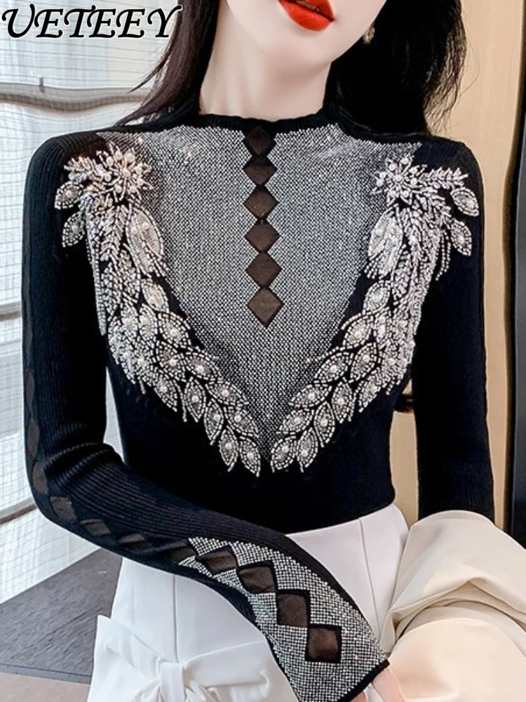 

Heavy Industry Leaves Rhinestone Bottoming Sweater Women's Mesh Diamond Stitching Lightly Mature Beaded with Diamond Pullover