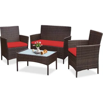 4 Piece Outdoor Wicker Patio Conversation Furniture Set, Rattan Chair Wicker Sofa Garden Conversation Sets with Cushion 1