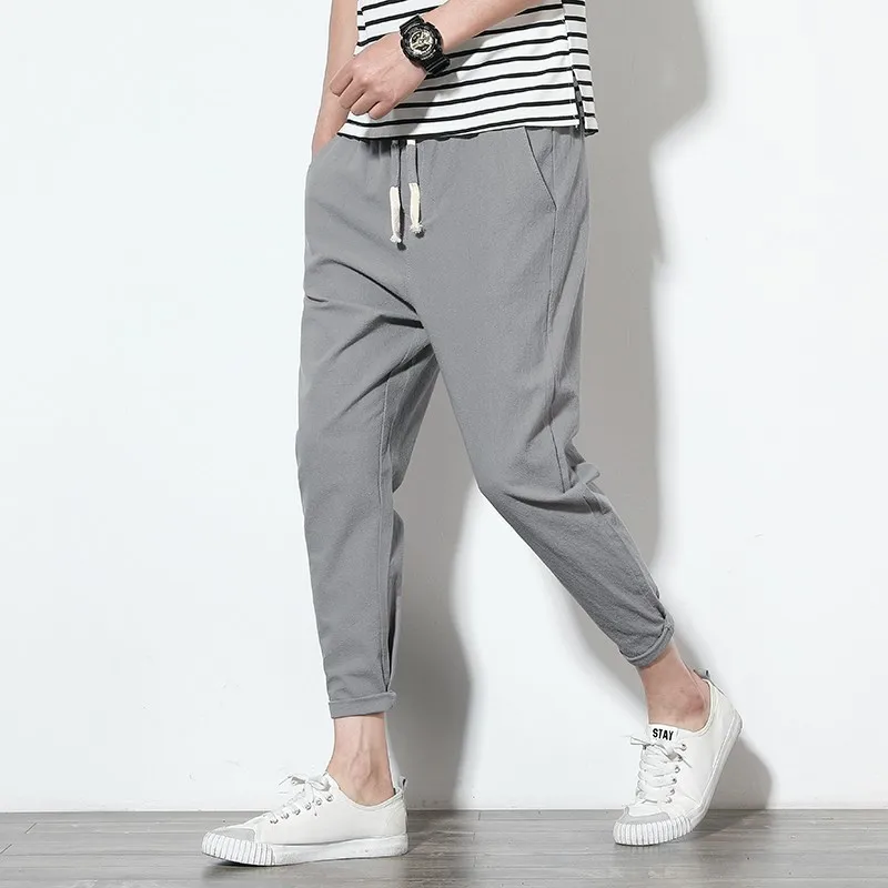 

Men's Thin Cotton Linen Casual Trousers Summer Solid Colour Nine-quarter Trousers Slim Linen Trousers