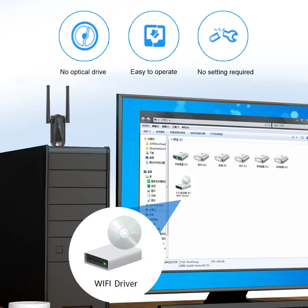 USB 네트워크 카드 고이득 안테나, 듀얼 밴드 2.4/5Ghz WLAN 송신기 리시버, 데스크탑 윈도우 XP/Vista / 7-11 용, AC1300 Mbps