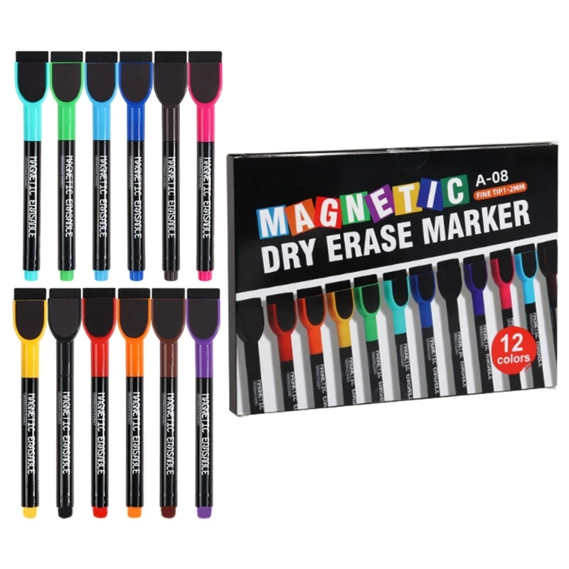 Marker Pen with Eraser, 12 Color Whiteboard Marker for School Office Whiteboards, Pin Board, Flipchart