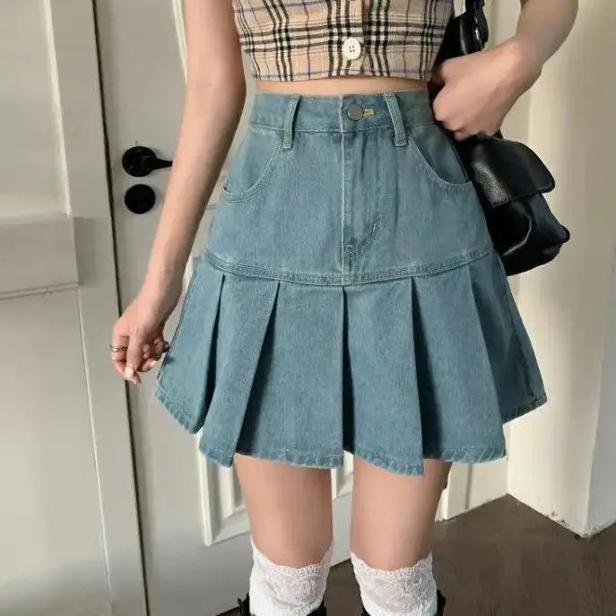 Mini saia jeans de cintura alta feminina, Harajuku Y2K plissada, azul estilo japonês coreano, roupas de moda casual, nova, verão, 2022