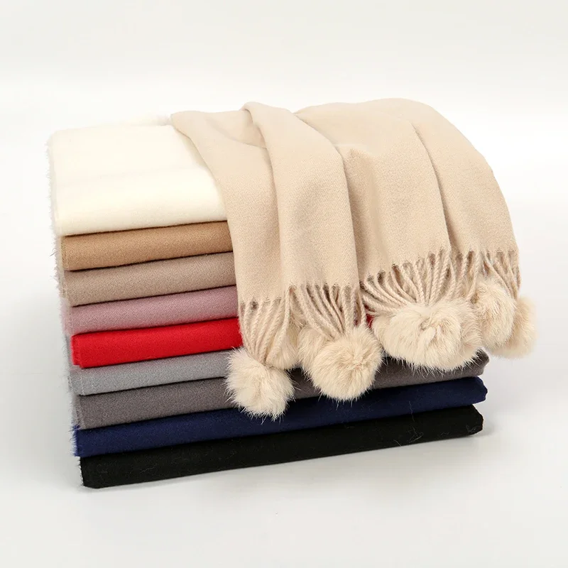 190*70cm Women Solid Color Soft Hairball Scarf Oversize Cashmere Ladies Shawl Wrap Winter Pashmina Female Hijab Headband Muffler