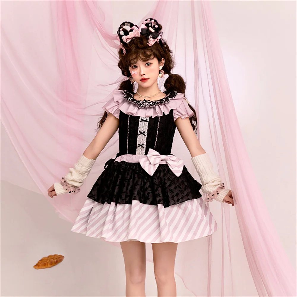 

Японское милое платье лолиты, милое платье с вышивкой в виде куклы, платье принцессы с коротким рукавом для девочек