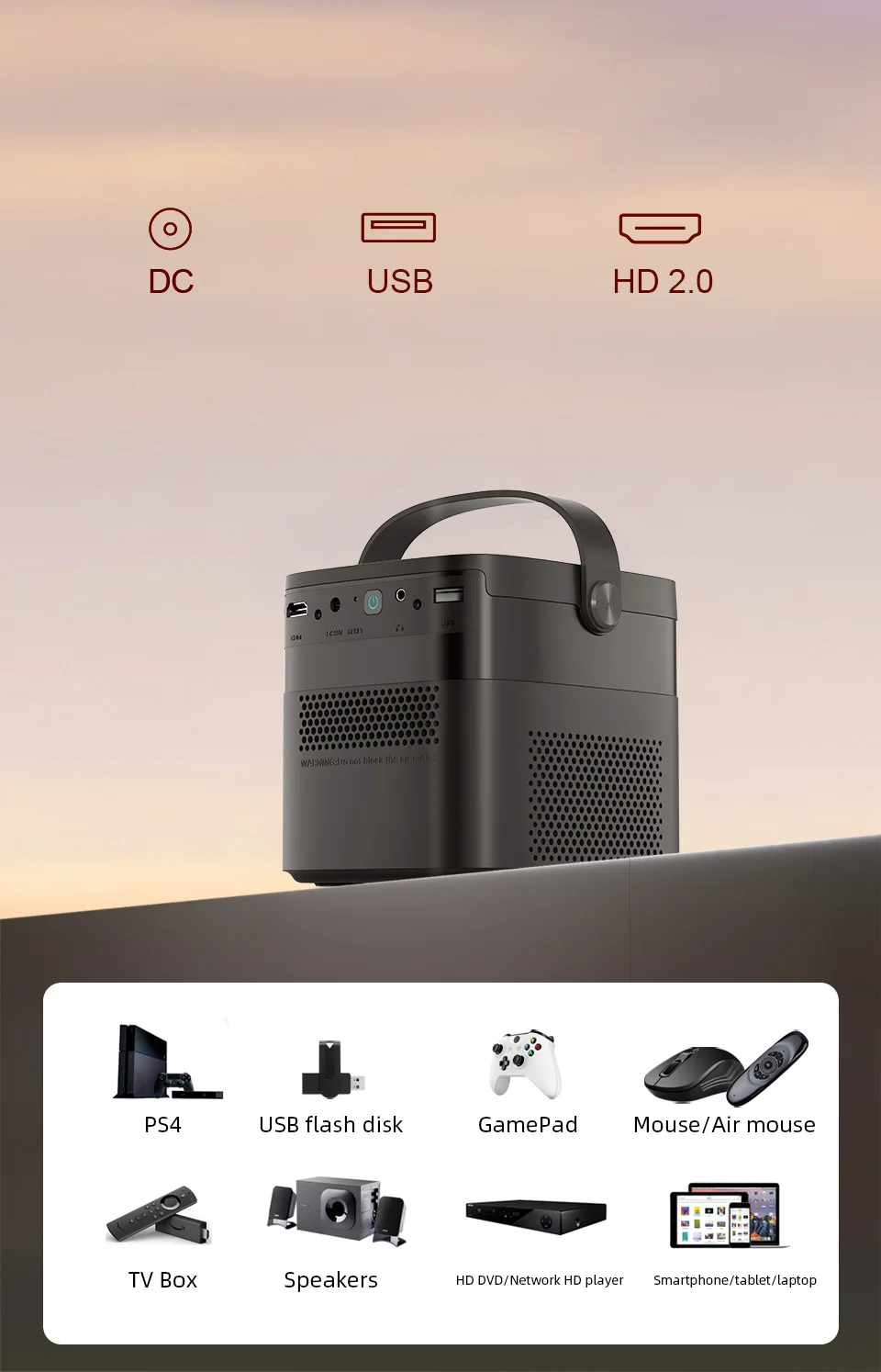Portable Projector 4K 3D WiFi Full HD1080P Built-in 2 x 10W Speakers Home Theate
