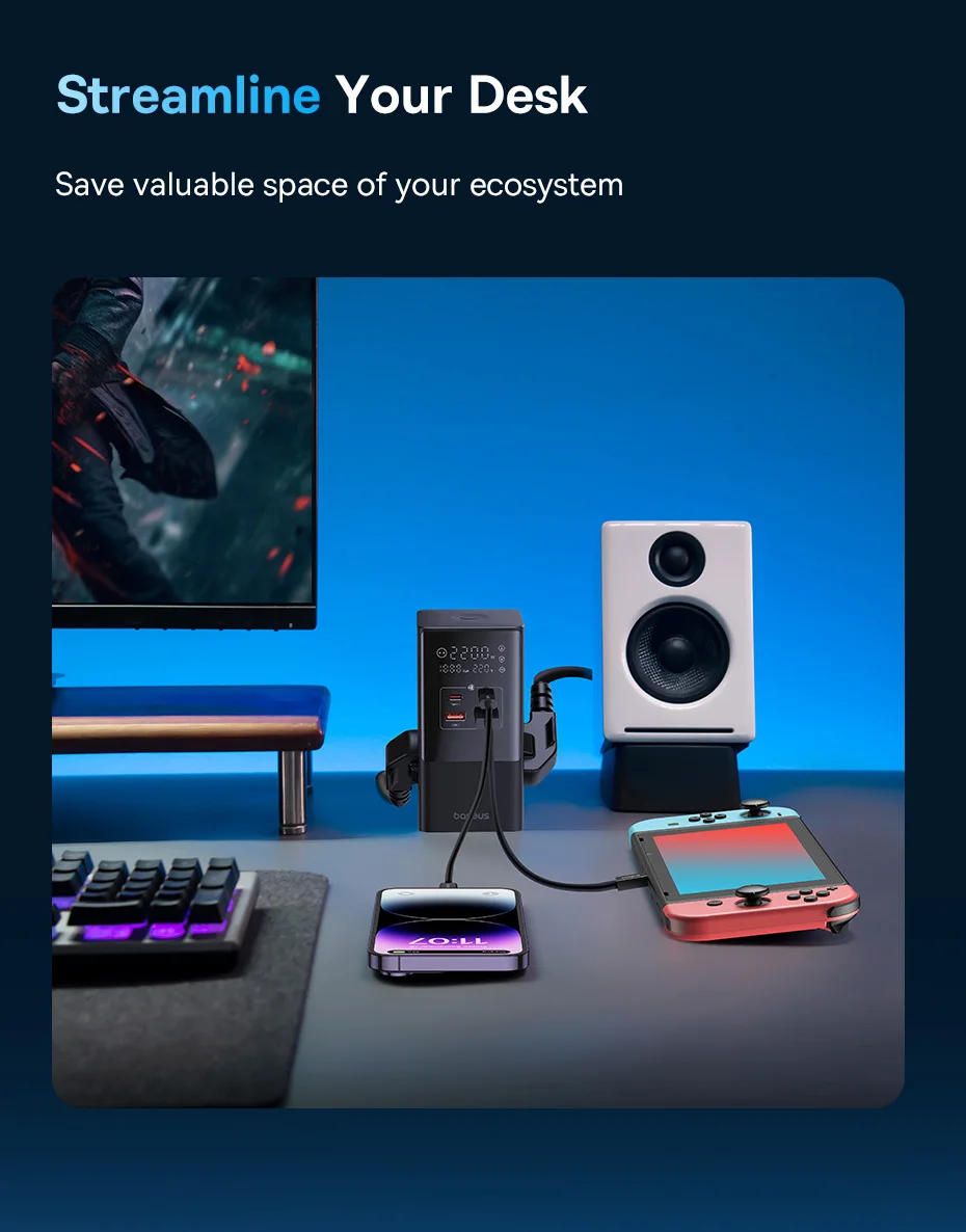 شاحن سريع Baseus 35 واط شريط طاقة 7 في 1 مع واقي تدفق 1200J لهاتف iPhone شاو شاو