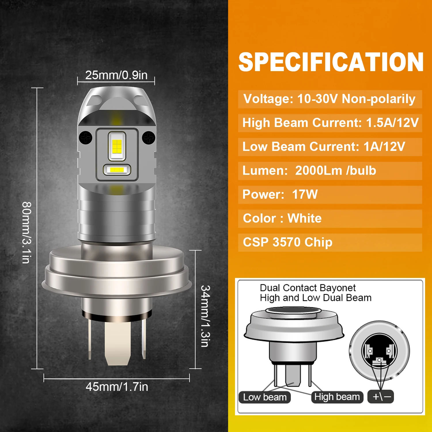 Ampoule LED Phare Moto 6000K P45T R2 X5 - 12V-80V - 3000 Lumens - Remplacement Universel