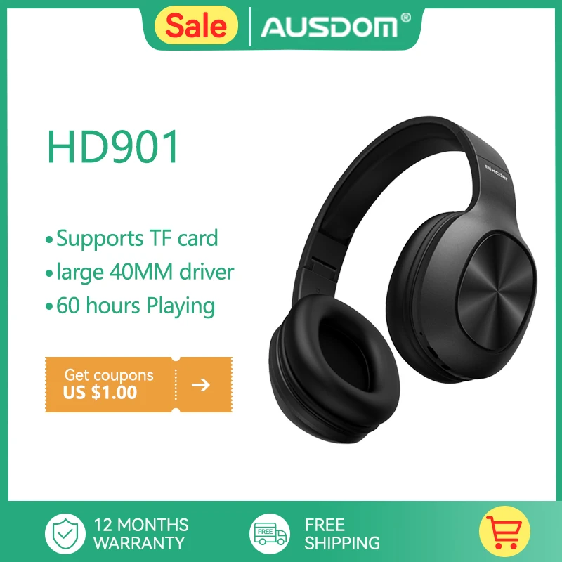 

Mixcder HD901 Wireless Adjustable Headphones Bluetooth 5.0 TF Card Free Control 40MM Drivers Headset with Microphone For Sports