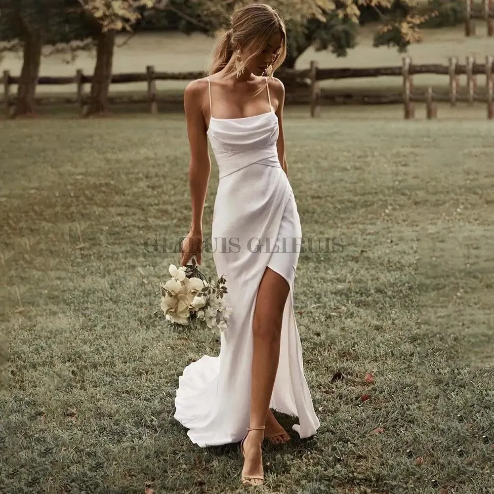 

Mermaid White Wedding Dress Spaghetti Straps High Slit 2022 Satin Backless Plain Bridal Gown Sweep Train Vestido de Novia