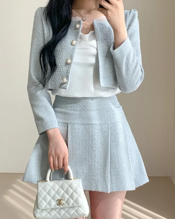 Korean Fashion Elegant Tweed Short Jacket Cropped Coats + High Waist Mini Skirts Suits Autumn New Slim Women Two-Piece Sets