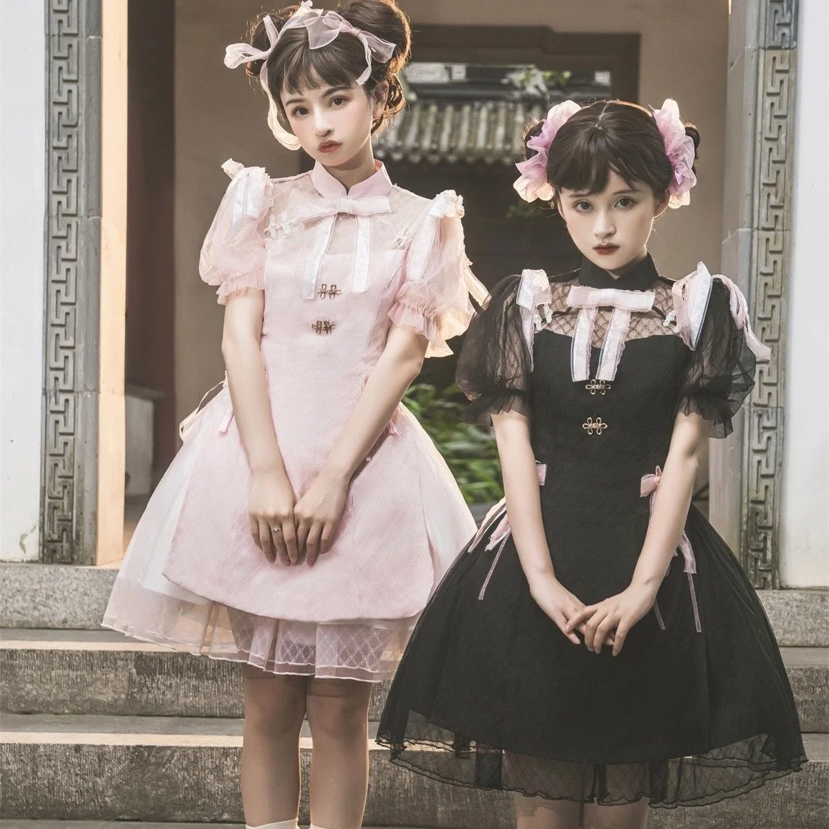 

[White Moon Light Dream]Short Sleeve Op Improved Cheongsam Chinese Style Han Element Lolita Skirt Pink Dresses Black Lolita