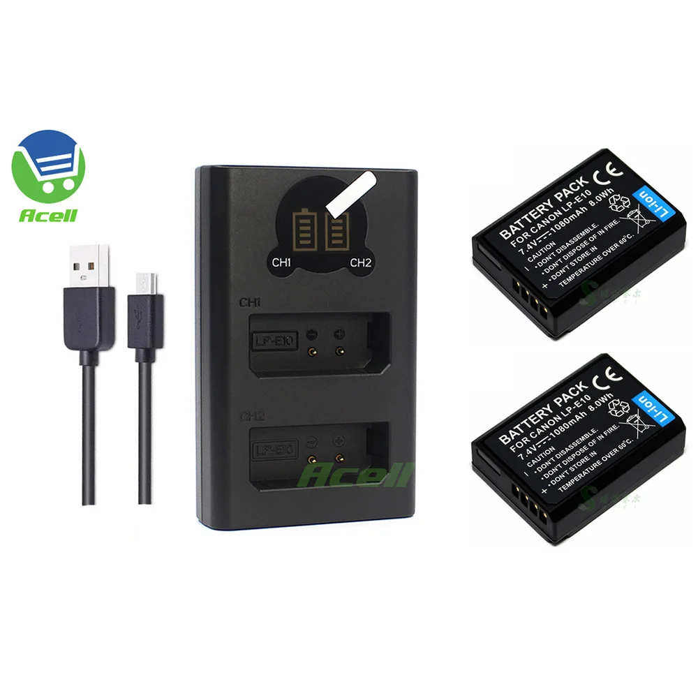 LP E10 Battery or LCD USB Dual Charger for Canon EOS 4000D 3000D 2000D
