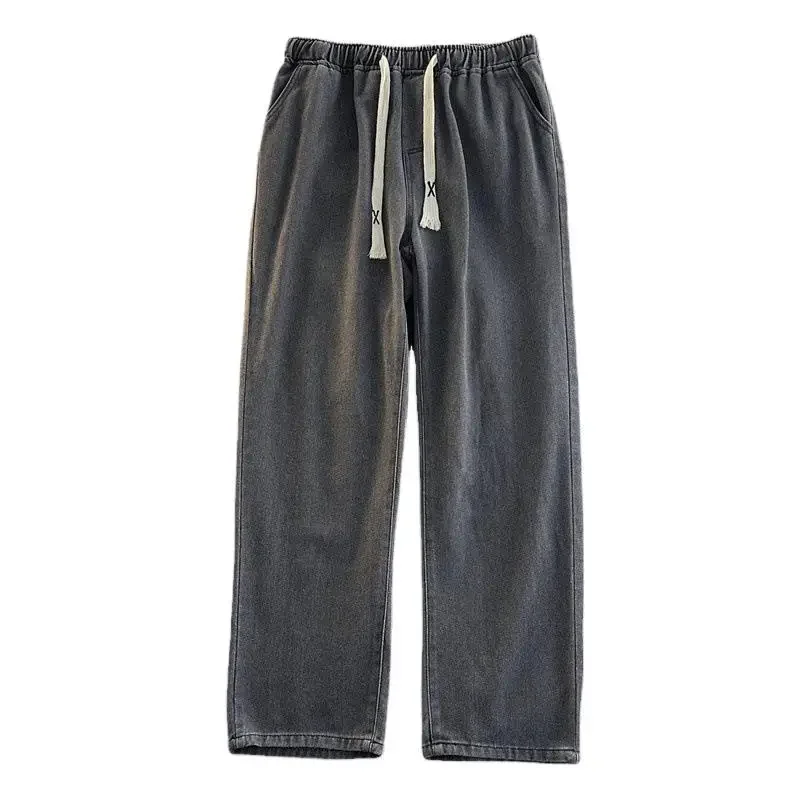 Elastic Waist Japanese Style Light Jeans Men's Autumn/Winter Loose Fit Straight Leg Plus Size Trousers High Street Trendy denim pants,denim trousers,men trousers