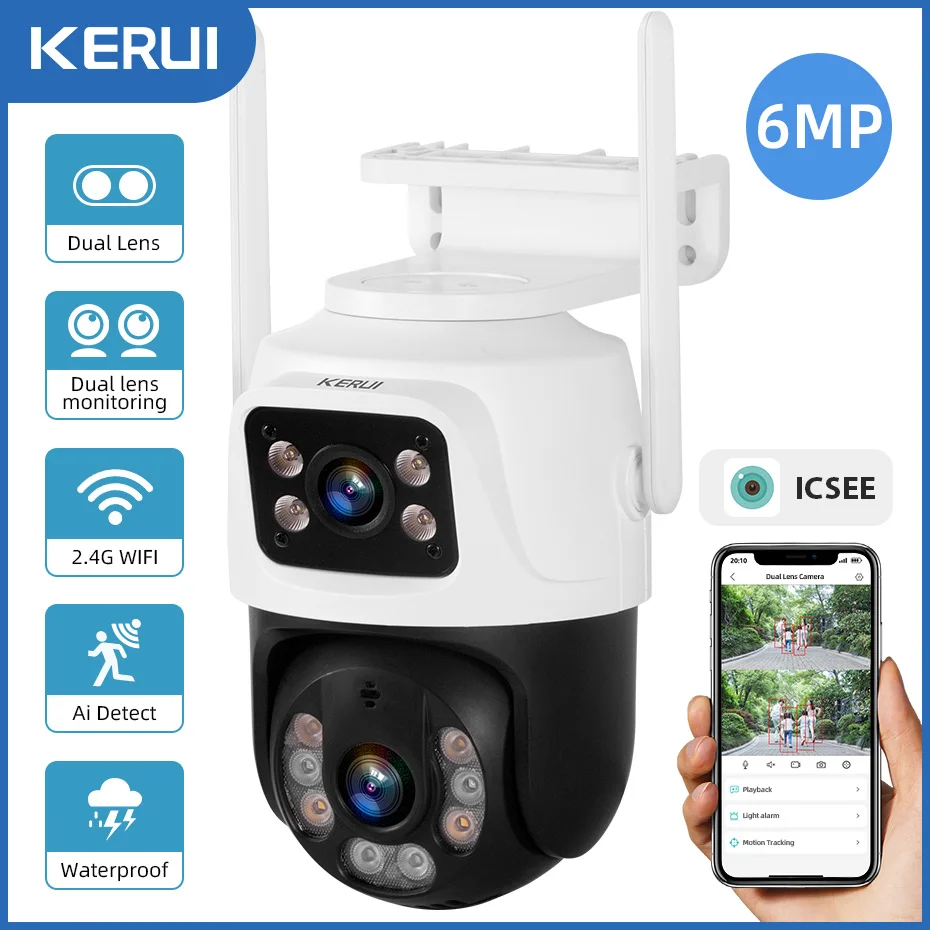 KERUI Outdoor Wireless 6MP Dual Lens WiFi IP Camera Home Security CCTV Video Surveillance Human Detect Dual Screen Icsee