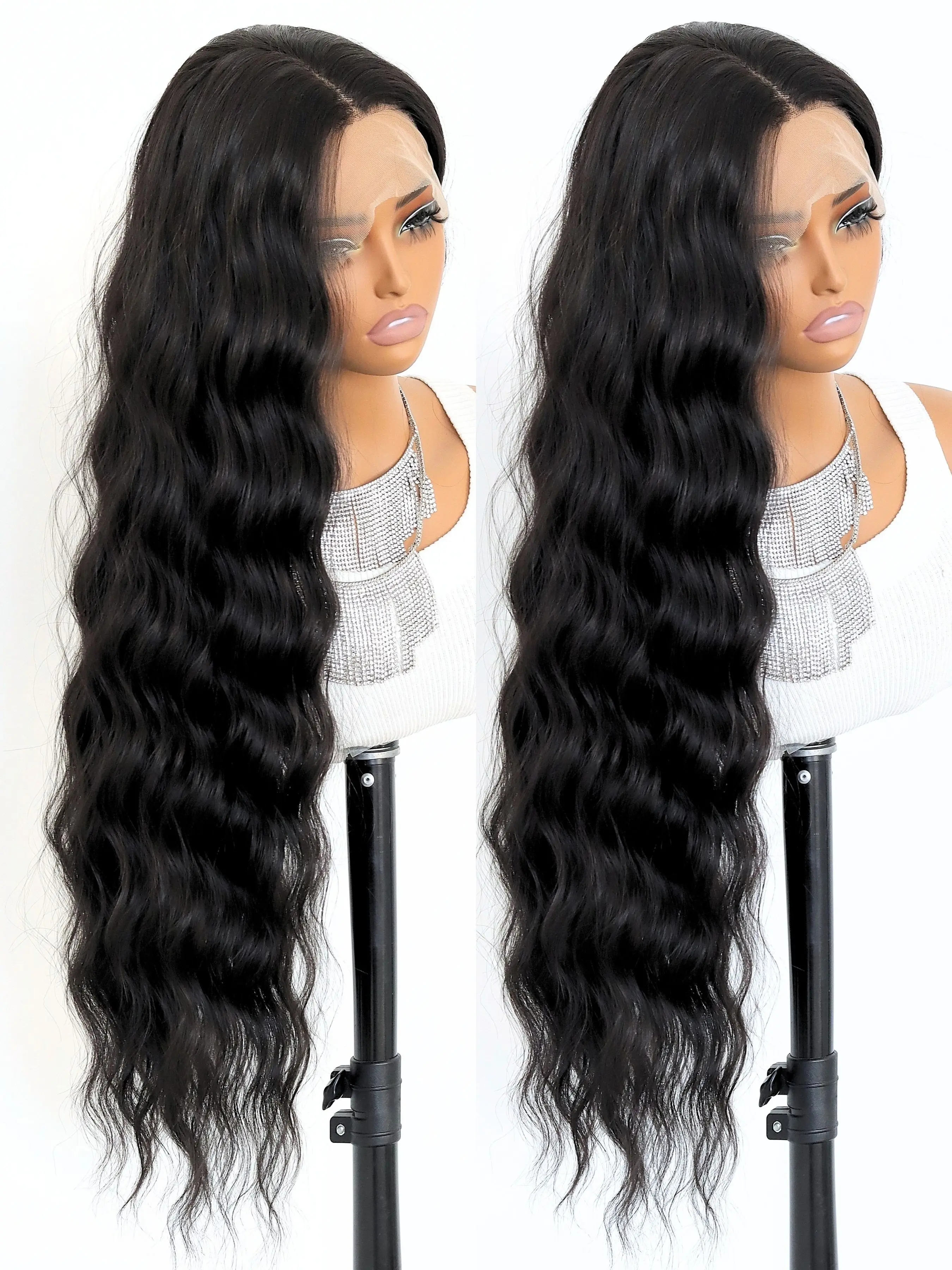 Long Wavy Black 13 * 4 Lace Front Synthetic Wigs For Women Long Wavy Natural Hairline Heat Resistant Fiber Lace Front Wig 32Inch