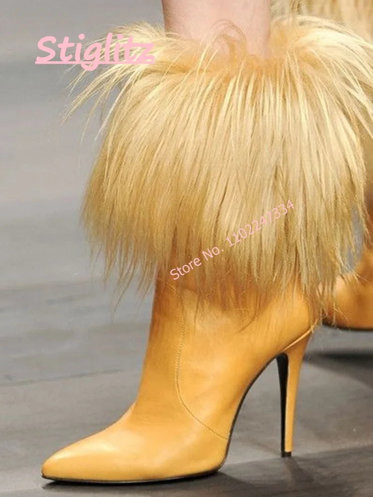 

Yellow Fur Mid-calf Boots 2023 Women's Luxury Brand Leather Pointed Toe Stiletto Free Shipping Casual Party Shoes New Arrival