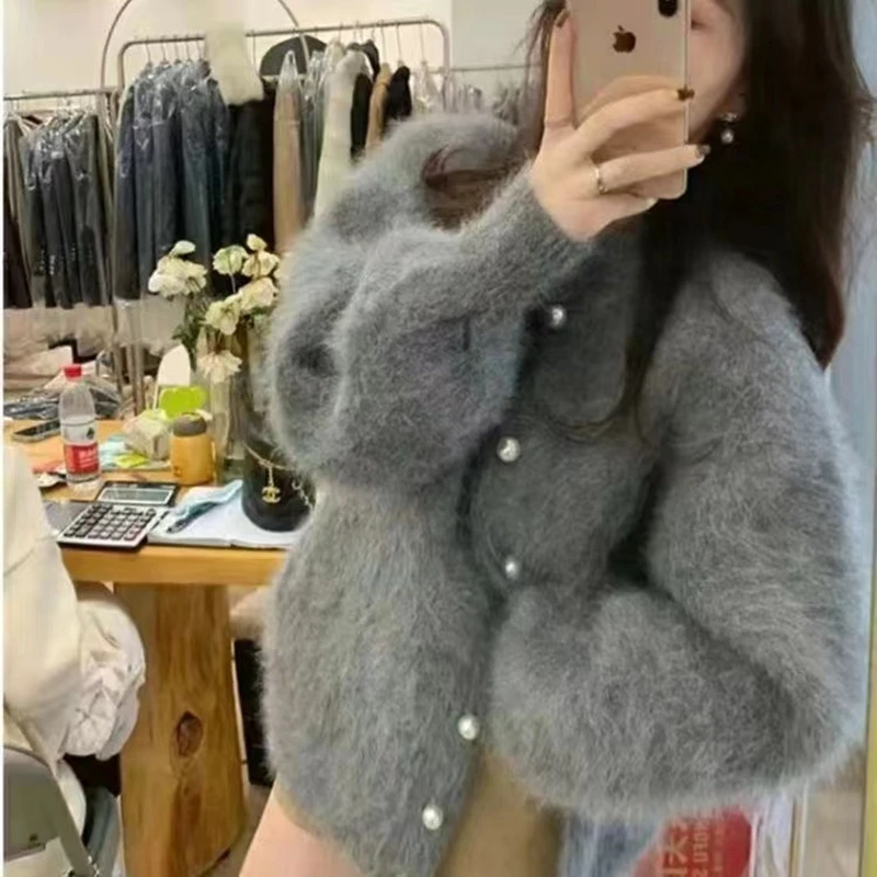 여성용 푹신한 밍크 캐시미어 솔리드 스웨터 가디건, 진주 버튼, 느슨한 O넥 미디 패션, 레이지 시크 코트, 2023 가을 신상
