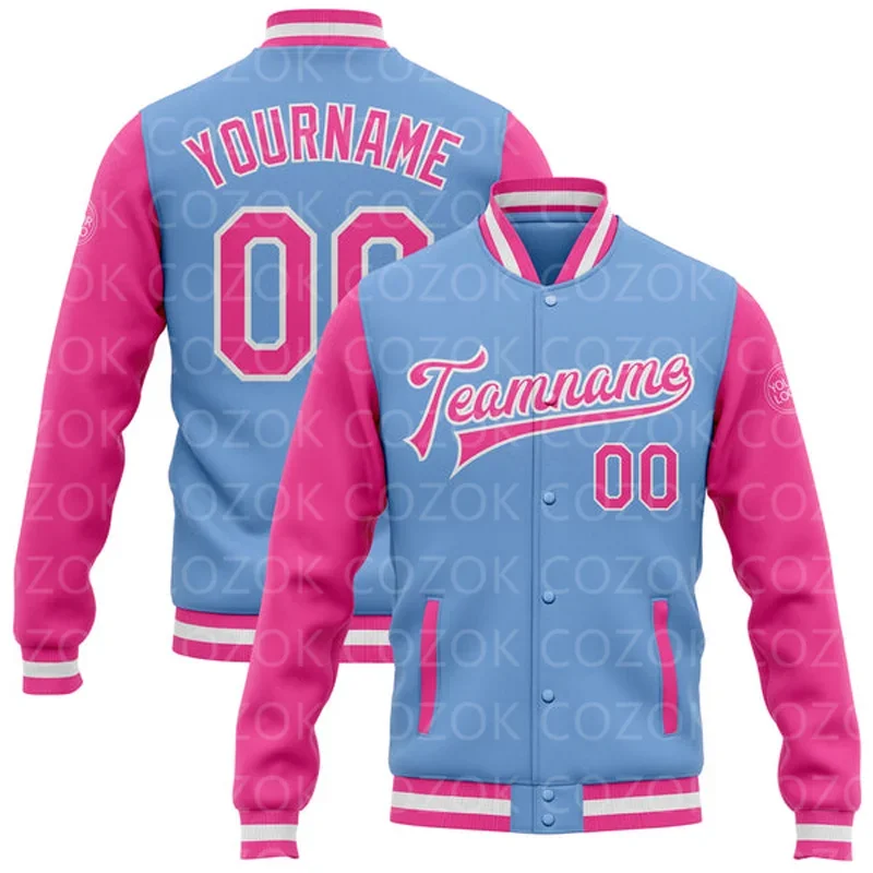 Custom Pink 3D Printed Baseball Button Jacket Bomber Full-Snap Varsity Letterman Jacket