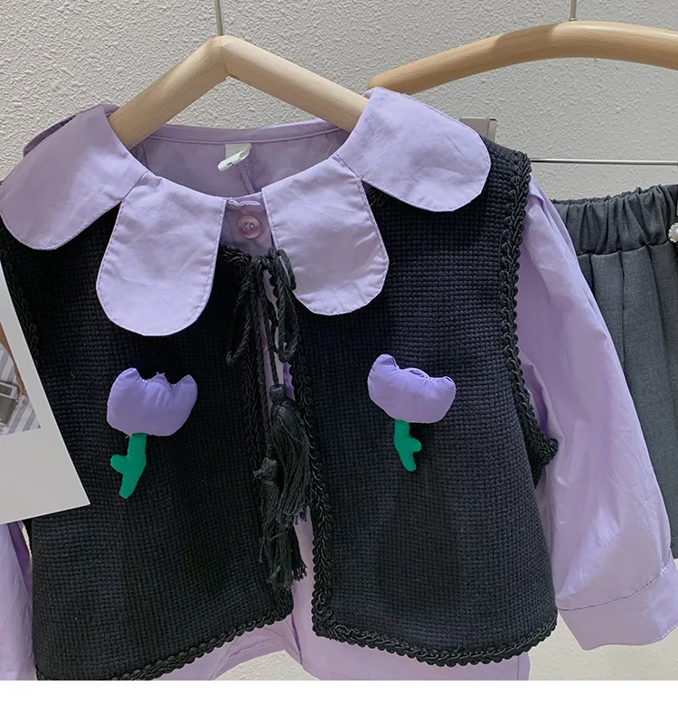 패션 소녀 봄 의류 세트 꽃 아플리케 레이스 업 가디건 보라색 꽃잎 칼라 티셔츠 높은 허리 구슬 주름 치마
