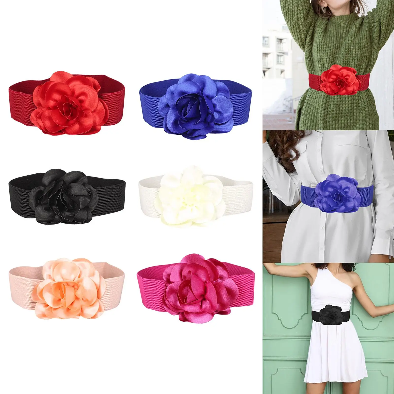 Wide Belt for Dress Elastic Waist Belt Fashion Big Ribbon Flower Cinch Belt for Sweater Dresses Clothes Maxi Shirts Accessories
