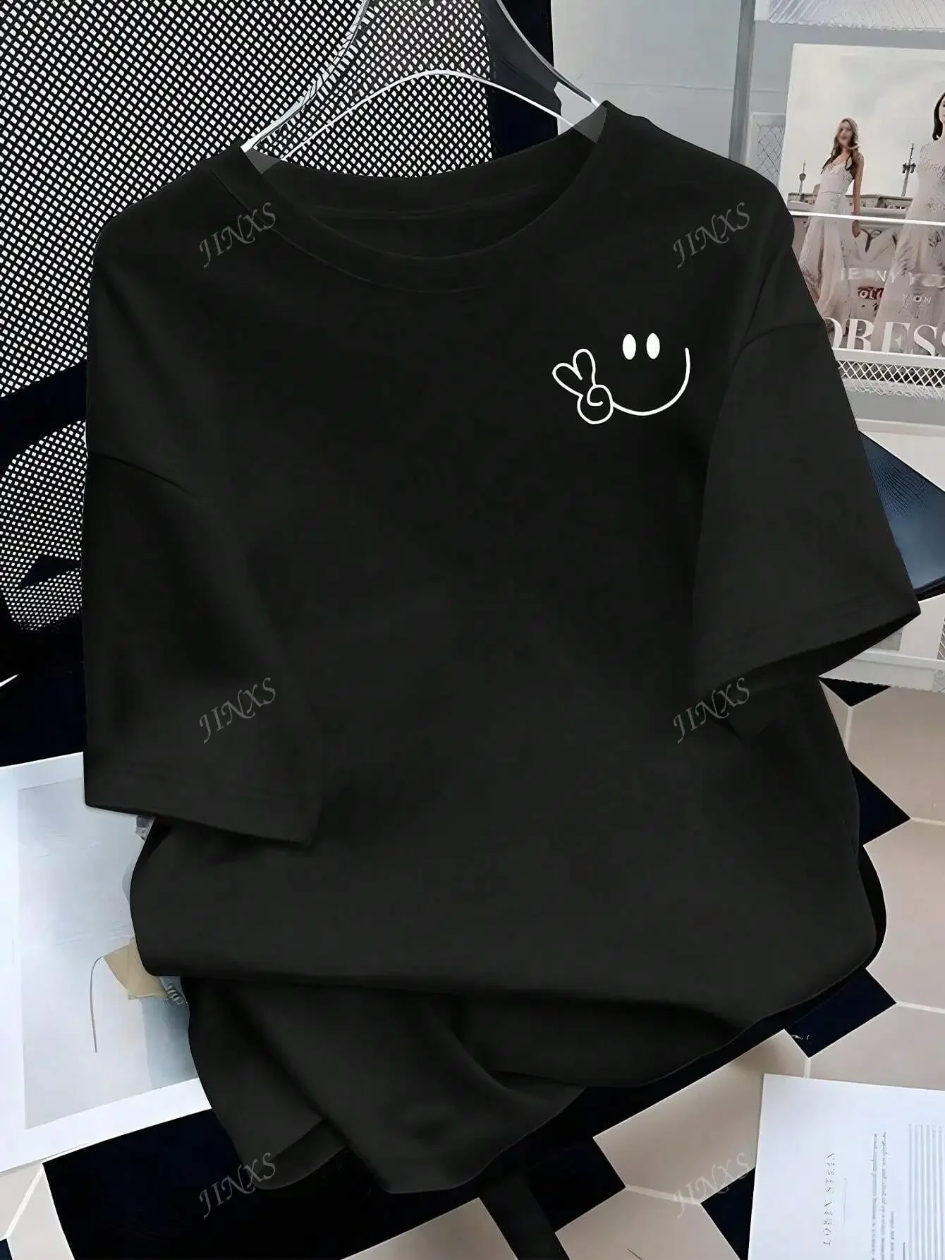 Stylish Tee with Adorable Smile and Peace Sign Design Ideal for Curvy Ladies into Playful Fashion 2