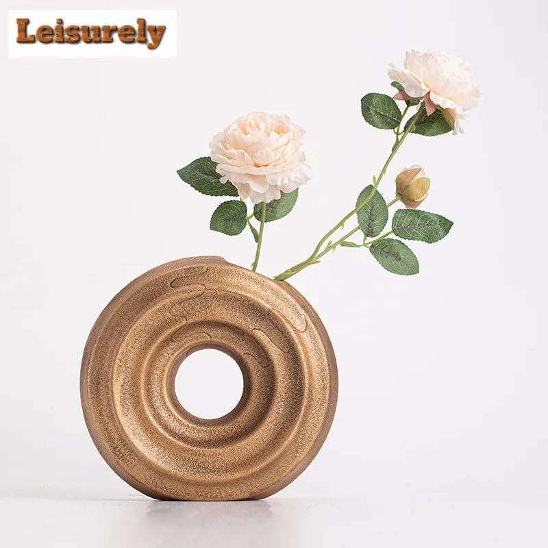Ceramic Flat Minimalist Vase Wedding Decoration Sweet Donut Shape Flower Vase Oval Hollow Black Vases Fashion Home Living Room