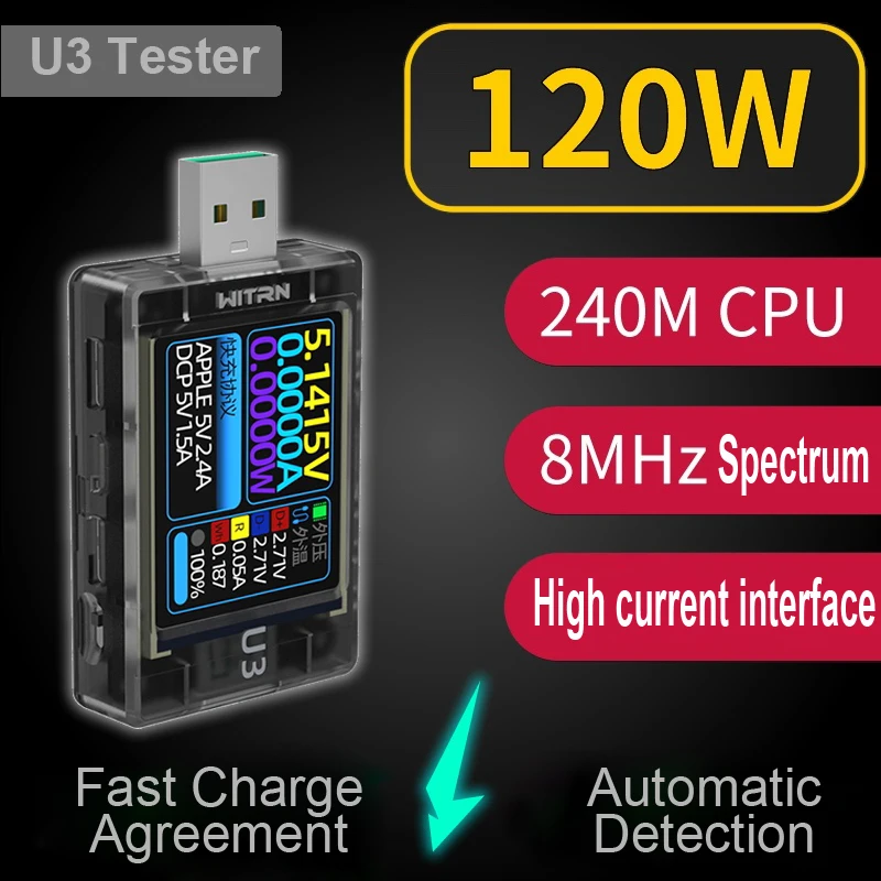 

Witrn U3 8A Ripple spectrum USB Tester Voltage Current Meter QC5 PD3.1 PPS Fast Charging Protocol Trigger Capacity Monitor