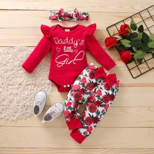 

Baby Set Spring and Autumn Long-sleeved Letters Full-print Rose Three-piece Lazada European and American New Girl Suit Clothes