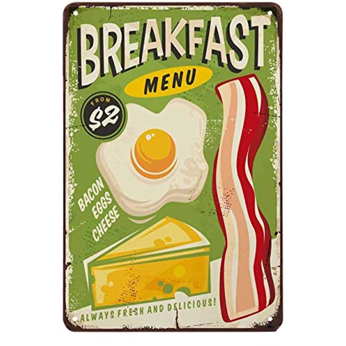 

Оловянное меню для завтрака, плакат еды, бекон, яйца, сыр, зеленый фон, винтажные металлические жестяные знаки для украшения стен, 12x16 дюймов