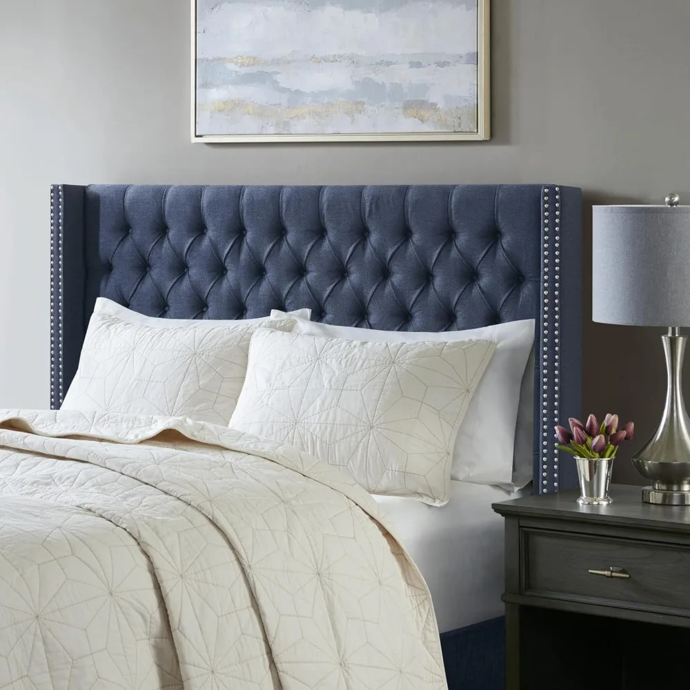 Amelia Upholstered Headboard Nail Head Trim Wingback Button Tufted King, Cream headboards cabecero cama 135 headboard