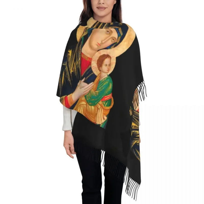 

Luxury Our Lady Of Perpetual Help Tassel Scarf Women Winter Warm Shawl Wrap Lady Catholic Virgin Mary Scarves