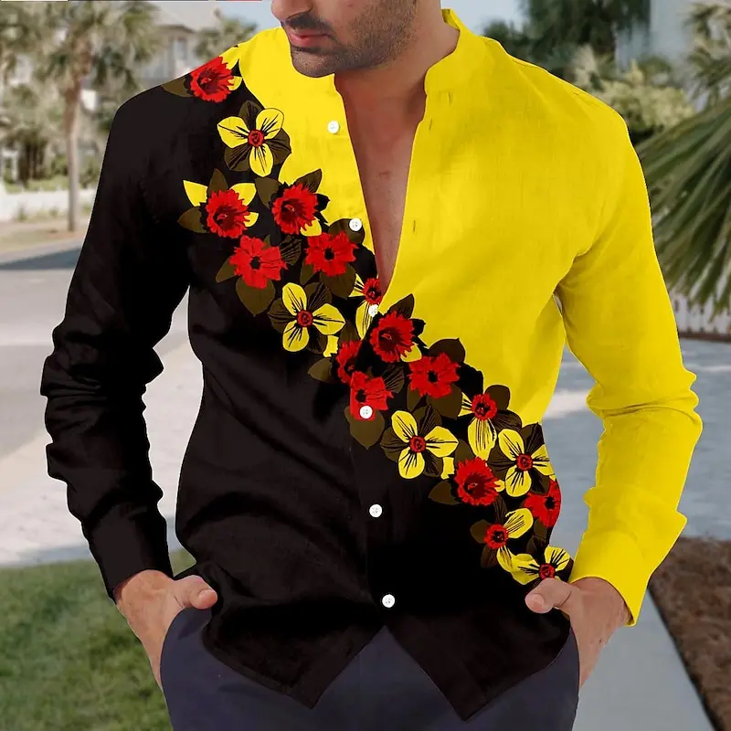

Floral retro men's shirts for daily wear, weekends, summer, spring and autumn, stand-up collar long-sleeved shirts
