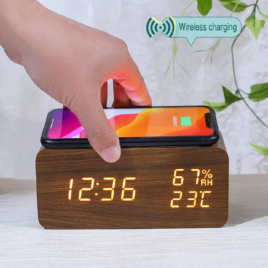 Digital Alarm Clock Wooden Temperature And Humidity Alarm Clock Led Electronic Clock Smartphone Wireless Charger