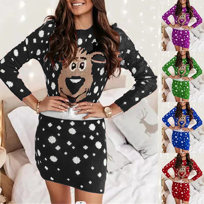

2022 Autumn and Winter New Women's Casual Temperament Elegant Sexy Round Neck Christmas Dress Fashion Printed Long Sleeve Dress