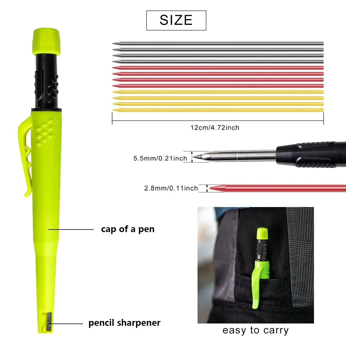 5 Colors 2.8mm Woodworking Mechanical Pencil Comes with Pencil Cap Pencil Sharpener 2B Lead Solid Deep Hole Marking Pen 5