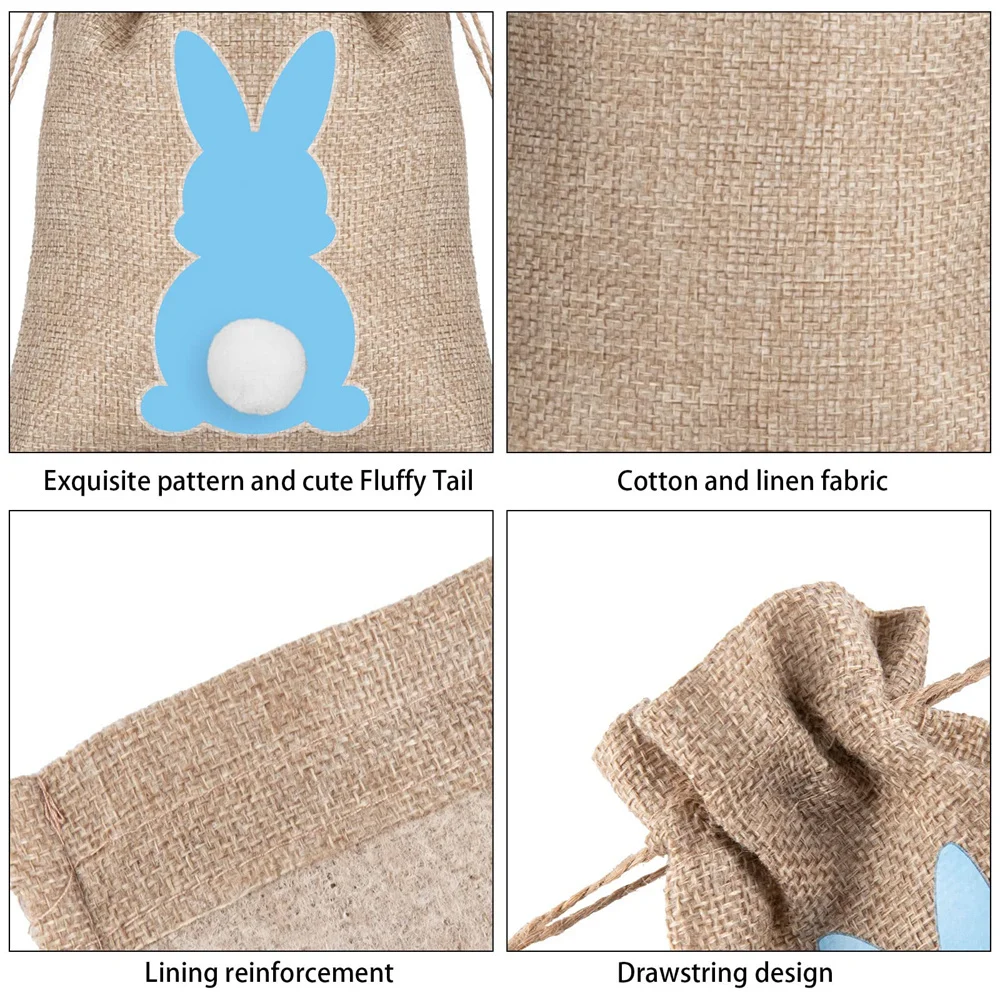 1pcs Easter Burlap Bag Drawstring Gift Bag Easter Bunny Rabbit Linen Jute Bag With Fluffy Tail Gift Pouch Bag Party Favor